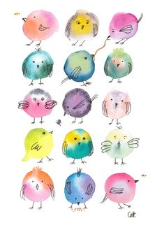 watercolor birds with different colors and sizes