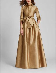 Satin A-Line Evening Gown Champagne Gold Minimalist Black Red Green Dress Dress Formal Fall Floor Length Half Sleeve Shirt Collar with Bow(s) Pleats 2024 2024 - $129.99 Red Green Dress, Formal Wedding Guests, Half Sleeve Shirts, Dress Formal, Christmas Dress, Shirt Collar, Mother Of The Bride Dresses, Half Sleeve, Bride Dress