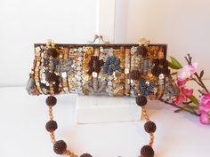 Vintage Beaded Evening Bag, Gold Silver Copper Beading, Glam Beaded Clutch Bag, After-Five Bag, Sparkly Bead Bag EB-0613 Handmade Brown Evening Bag For Party, Beaded Brown Evening Bag For Party, Embellished Brown Evening Bag For Party, Vintage Brown Clutch For Party, Handmade Brown Clutch For Party, Copper And Grey, Purple Clutch, Gold Evening Bag, Classic Pearl Necklace