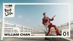 a man in red is playing an electric guitar on a bridge with the words rock and love written across it