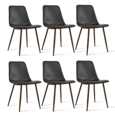 six black leather chairs with wooden legs