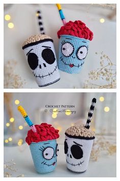 two crocheted cups with straws in the shape of cartoon characters, one has a