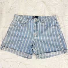 Gap Denim 5” Short Striped Nwot Size: 8/29 Denim Striped Medium Wash/White Stripes Mid-Rise Cuffed Hem-Can Be Unrolled Fits Easy Through Hip And Thigh Front Button And Zip Closure 5 Pocket Style 5” Inseam Inside Label Marked To Prevent Store Returns Gap Denim Blue Summer Bottoms, Summer Gap Denim Blue Bottoms, Summer Denim Blue Gap Bottoms, Gap Cotton Medium Wash Shorts, Gap Denim Jean Shorts For Spring, Gap Jean Shorts For Spring, Gap Casual Jean Shorts For Summer, Casual Gap Jean Shorts For Summer, Casual Summer Jean Shorts By Gap