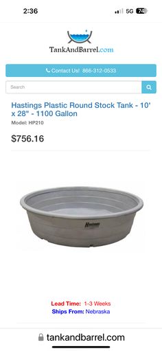 an advertisement for a plastic round stock tank in the storefront page, with price information below