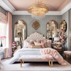 a bedroom decorated in pink, gold and white with chandelier above the bed