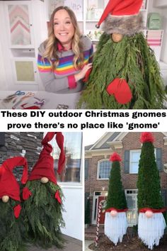 there are two christmas gnomes made out of fake plants