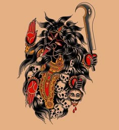 a drawing of a lion holding a knife and skull on it's head with other skulls