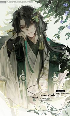 an anime character with long black hair and green eyes, holding his hand to his face