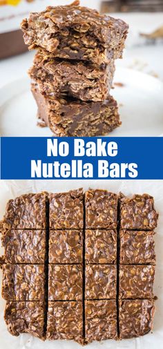 no bake nutella bars stacked on top of each other with text overlay