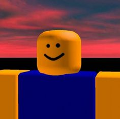 a smiling face made out of lego blocks in front of an orange and blue sky