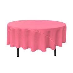 a round table with a pink cloth on it and black metal legs in front of a white background