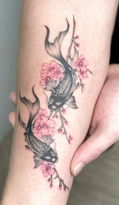 Pisces Tattoo On Black Women, Koi Fish With Peony Tattoo, Japanese Koi Fish Tattoo Design Cherry Blossoms, Pisces Cherry Blossom Tattoo, Fish And Rose Tattoo, Women Koi Fish Tattoo, Koi Fish And Hibiscus Tattoo, Coi Fish With Cherry Blossom Tattoo, Koi And Cherry Blossom Tattoo