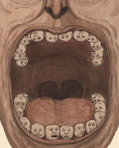 an open mouth with many skulls around it and teeth on the bottom part of the mouth