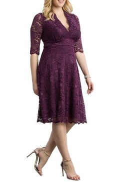 A classic A-line dress done in pretty lace with scalloped edges is comfortable, flattering and ready to be worn over and over again. 45" length (size 2X) Surplice V-neck Sheer three-quarter sleeves Banded waist Stretch lining 92% nylon, 8% spandex Dry clean Made in the USA of imported fabric Dresses Cocktail Dress Purple, Dresses Materials, Lace A Line Dress, Purple Dresses, Lace Cocktail Dress, Dapper Day, Black Tie Event, Dress Purple, Cocktail Dress Lace