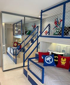 a kid's bedroom with bunk beds and blue railings