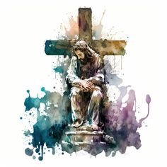 a watercolor painting of jesus on the cross with paint splatters around it