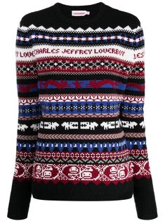 black/multicolour wool blend fair isle intarsia knit crew neck long sleeves straight hem Black Crew Neck Sweater With Fair Isle Pattern, Charles Jeffrey Loverboy Beanie, Festive Christmas Fair Isle Sweater, Holiday Long Sleeve Fair Isle Sweater, Men’s Fair Isle Sweater, Multicolor Jacquard Knit V-neck Sweater, Crew Neck Jumper, Fair Isle Knitting, Knitwear Women