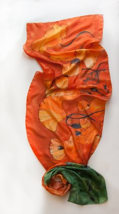 Hand Painted Poppies scarf. Silk scarf painted in tangerine. Bright summer scarf/ Large floral scarf in orange/ Hand painted silk. SIlk scarves handpainted. Luxury shawl scarf painted/ Vivid colored scarf. I painted this scarf with care for detail using my floral sketches SS18K measurements is 17 by 71 inches this is 45 by 180 cm painted on pure silk ponge 6 The hand painted scarf will be a unique gift for Mothers Day. MADE TO ORDER LISTING I never use stencils or guides.All my scarves are one o Orange Silk Scarf For Summer Gift, Silk Orange Scarves As Gift, Silk Orange Scarves As A Gift, Orange Silk Scarves As Gift, Orange Silk Scarves As A Gift, Orange Poppies, Hand Painted Scarves, Fashion Capsule Wardrobe, Orange Poppy