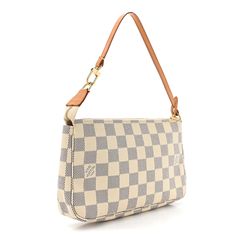 This is an authentic LOUIS VUITTON Damier Azur Pochette Accessories NM. This pochette is crafted of Louis Vuitton's signature Damier canvas in blue and white. The bag features a vachetta shoulder strap and gold hardware. The top zipper opens to a beige fabric interior. Monogrammed Duffle Bag, Pochette Accessories, Louis Vuitton Empreinte, Louis Vuitton Vernis, Embroidered Monogram, Louis Vuitton Damier Azur, Louis Vuitton Pochette, Beige Fabric, Wallet Chain