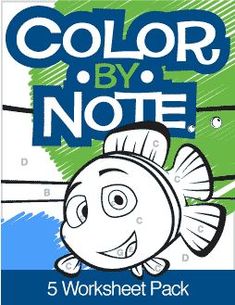 the color by note 5 worksheet pack includes an image of a fish with blue and