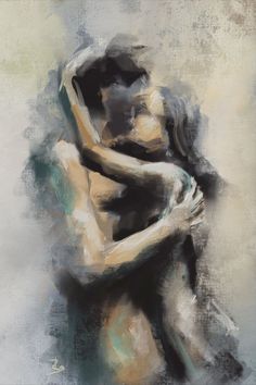 an abstract painting of two people hugging each other with one holding the other's head