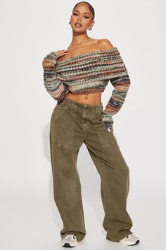 Available In Multi Color. Pullover Sweater Long Sleeve Off Shoulder Fold Over Detail Cropped Disclaimer: Pattern Placement May Vary. 49% Acrylic 39% Polyester 12% Wool Imported | Autumn Leaves Off Shoulder Sweater size 2X by Fashion Nova Utility Jeans, Winter Outfits Aesthetic, Olive Green Pants, Big Sweaters, Off Shoulder Sweater, Streetwear Fashion Women, Women Hoodies Sweatshirts, Lookbook Outfits, Drop Waist