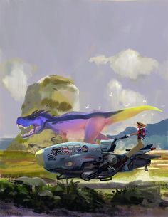 colorful dinosaur racing girl on speeder bike Concept Art Tutorial, Science Fiction Illustration, Star Wars Concept Art, Morning Commute, Science Fiction Art, Fantasy Illustration, Retro Futurism, Sci Fi Art