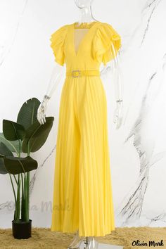 Olivia Mark - Elegant Rose Red Solid Patchwork Jumpsuit with Belt, V-neck, and Straight fit Yellow V-neck Jumpsuits And Rompers For Party, Chic Yellow V-neck Jumpsuit, Yellow V-neck Jumpsuit For Parties, Patchwork Jumpsuit, Jumpsuit With Belt, Valentines Lingerie, Vintage Summer Dresses, Jumpsuit Elegant, Dresses Chiffon