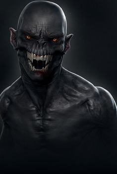 an evil looking man with red eyes and fangs