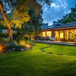 the backyard is lit up at night with lights shining on the lawn and trees in the foreground