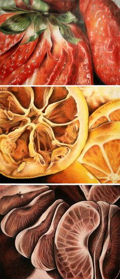 three different colored pencil drawings of fruits and vegetables