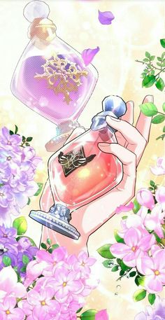 a woman holding a bottle of perfume in her hand and flowers surrounding it with butterflies flying around