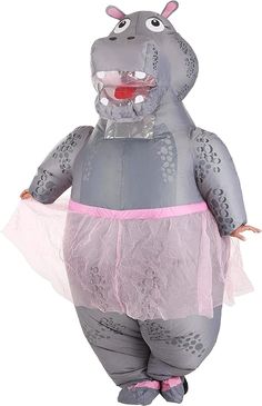 an inflatable hippo costume is shown with pink trimmings on it