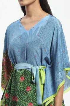 Green crepe short kaftan with Mughal inspired floral prints. Comes along with a belt. - Aza Fashions Festive Summer Sets With Printed Border, Printed Tunic Sets For Summer, Summer Printed Tunic Sets, Summer Festive Digital Print Kaftan, Printed Silk Sets For Summer, Silk Summer Sets With Kimono Sleeves, Floral Print Tunic Set For Summer, Floral Print Summer Tunic Set, Summer Floral Print Tunic Set