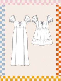 two dresses with ruffles on the shoulders