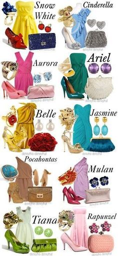 many different types of shoes and purses with names on them, including women's accessories