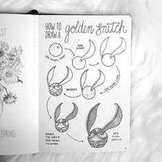 a drawing book with instructions for how to draw a golden stitch and an image of flowers