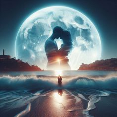 two people are kissing in front of a full moon at the beach with waves crashing on them