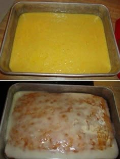 before and after pictures of an uncooked casserole in a pan with cheese on top