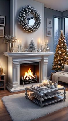 a living room filled with furniture and a fire place covered in christmas decorations next to a window