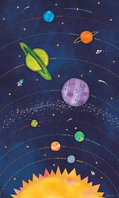 the solar system and its planets are shown in this painting by artist susan schnitzer