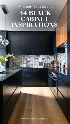 a kitchen with black cabinets and wood flooring is featured in the magazine, home decor