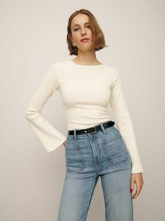 Pretty necessary. Shop the Miller Knit Top from Reformation, a long sleeve top with a boat neckline and bell sleeves. Reformation Outfit Street Styles, Soft Classic Aesthetic, Fashion Goals, Feminine Top, Long Jeans, Clothes Ideas, Boat Neckline, Winter Clothes, New Tops