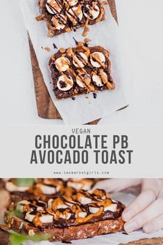 chocolate pb avocado toast on a cutting board with the words vegan above it