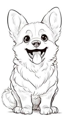 a drawing of a dog sitting down with its tongue out and eyes wide open, smiling