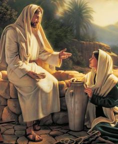 a painting of jesus talking to a woman