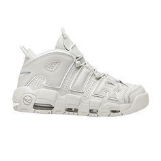 Find NIKE Air More Uptempo 'light Bone on Editorialist. Nike brought back the iconic Air More Uptempo in a modern ‘Light Bone’ colorway during 2017. The tonal aesthetic features an Off-White leather upper with “AIR” branding outlined in white. The monochromatic look continues underfoot with a matching rubber sole with visible Air units. Nike Air More Uptempo, Nike Air More, Nike Shox, Modern Light, Air Jordan 3, Mens Nike Air, Bone White, Jordan 3, Nike Sb