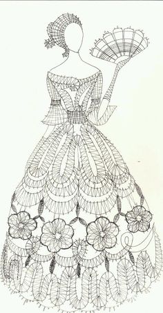 a black and white drawing of a woman in a dress with flowers on the skirt