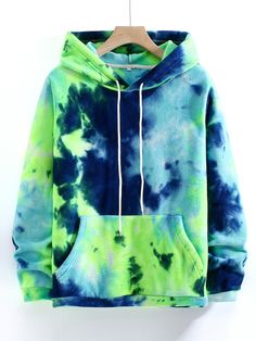 a blue and green tie dye hoodie hanging on a hanger