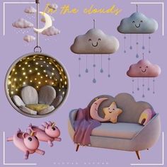 a baby's room is decorated in pastel colors with stars, clouds and moon